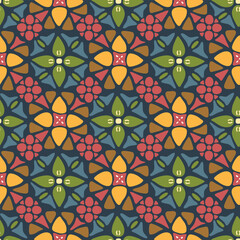 Japanese Cross Flower Mosaic Vector Seamless Pattern