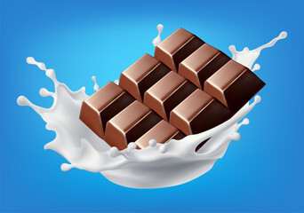 Chocolate bar rotates in splashes of milk on background Isolated on background. Vector illustration. Gradient Mesh
