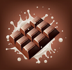 Chocolate bar rotates in splashes of milk on background Isolated on background. Vector illustration. Gradient Mesh