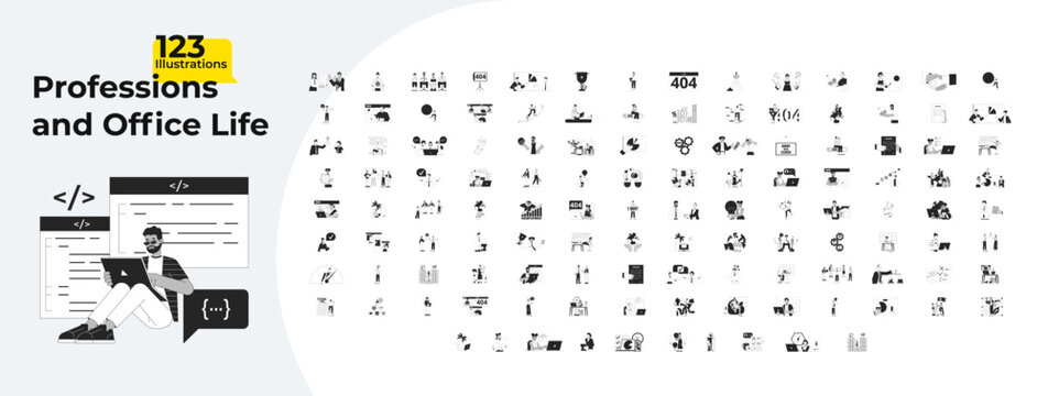 Professional lifestyle outline illustrations mega bundle. Teamwork office. Multitask deadline. Task management. Hiring employees 2D linear images isolated. Collection black and white vector drawings