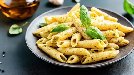 Close-up of a plate of penne pasta with pesto sauce garnished with fresh basil leaves, placed on a dark surface.