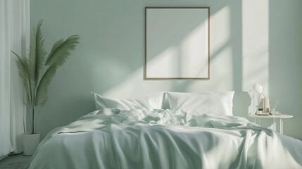 Frame mockup, light green blanket, modern home bedroom interior, 3D render