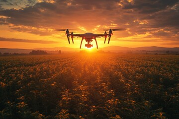 Fototapeta premium Drone flying over a field at sunset