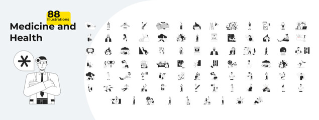 Medical healthcare outline illustrations mega bundle. Psychology mental disorder. Hospital research. Trauma injury. E medicine 2D linear images isolated. Collection black and white vector drawings