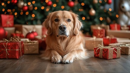 Cute dog. Cute cozy pet Christmas home photo. Xmas calming mood animal. Funny portrait of pets in decorated indoor family cosy atmosphere. Winter season banner design