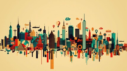 An abstract city skyline made of different icons and symbols representing various industries, all merging into one cohesive structure. Idea of unity and collaboration across diverse sectors