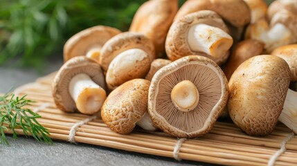 Fresh, golden shiitake mushrooms on a bamboo mat, showcasing vegan ingredients, emphasized for their organic nature and lowcalorie content