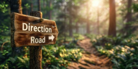 A wooden signpost in a forest points the way to the road ahead. AI.