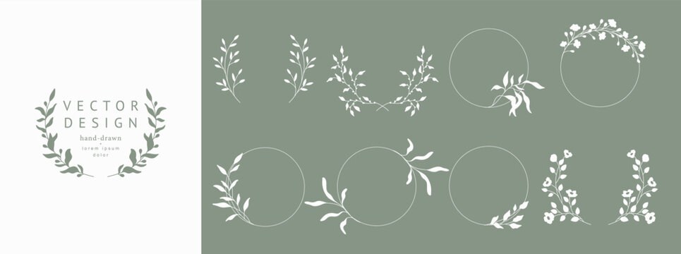 Floral circle frame. Hand drawn elegant botanical round border, laurel, wreath with branches, leaves and flowers in silhouettes. Vector isolated set for wedding invitation, card, logo design