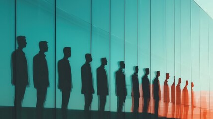 An abstract corporate office building made of light and shadow, with reflections of diverse team members in its glass windows, symbolizing unity, diversity, and brand identity