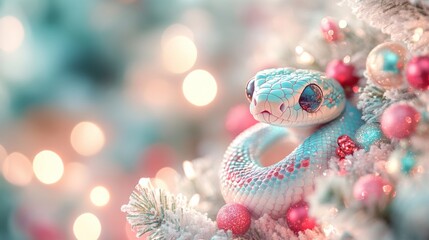 Merry Christmas and Happy New year 2025 with cute snake in xmas hat. Banner with copy space. Animal...