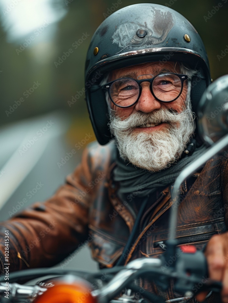 Sticker A senior man with a white beard and glasses smiles while wearing a helmet and leather jacket. AI.