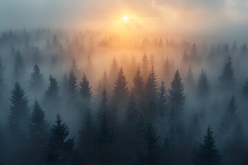 Obraz premium Misty Sunrise Over Pine Forest: Serenity and Natural Beauty for Landscape Inspiration