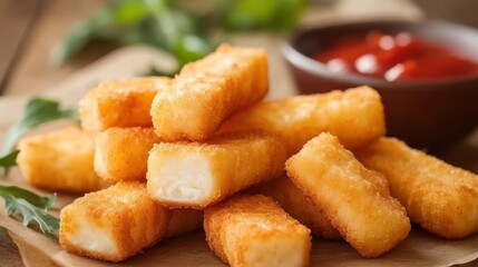 Crispy halloumi cheese sticks with chili sauce, golden texture, gourmet appetizer