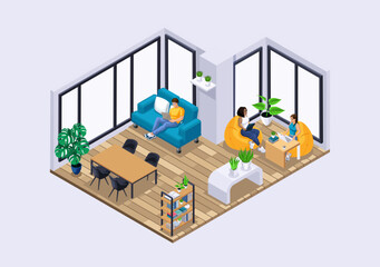 Isometric Characters, Personage. Large bright room in the student dormitory for recreation. Students communicate and study