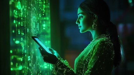 Indian female software engineer holding a tablet and looking at holographic technological screen