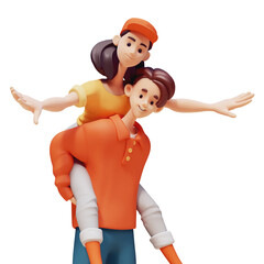 Portrait young excited happy man gives piggyback ride his cute kawaii smiling girlfriend spread hands flying fun. Two people fashion casual red blue yellow clothes. 3d render isolated white backdrop.
