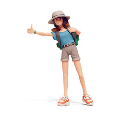 Cute kawaii funny asian brunette girl in hat, blue t-shirt, gray shorts with backpack hitchhiking on road, hand gesture thumb up trying to stop car. Summer vacation. 3d render isolated white backdrop.