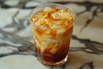 Iced Coffee with Milk and Caramel Drizzle.