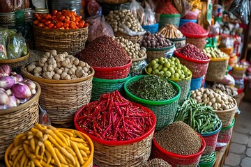 Vibrant Spices and Herbs Displayed in Baskets at a Local Market.