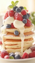 Fluffy pancakes topped with fresh berries and a drizzle of cream, AI