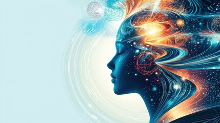 Ascension of Thought: A silhouette of a person with a head filled with neural pathways and lights, ascending a staircase made of abstract shapes and floating thoughts