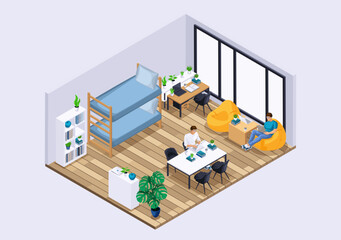 Isometric Characters, Personage. Large bright room in a student dormitory for boys. Students study in their room