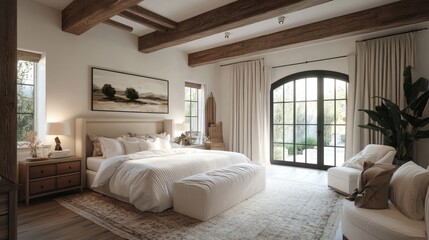 Fototapeta premium luruxy rural modern farmhouse master bedroom with historic wood beams and features
