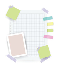 Paper notes stickers. Place for memo messages on paper sheets. Attached with sticky colorful tape on grey background isolated vector illustration