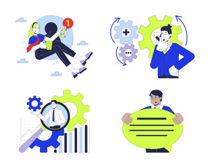 Digital business processes management 2D illustration concepts set. Entrepreneurs employees cartoon characters isolated on white. Enterprise technology metaphors abstract flat vector collection