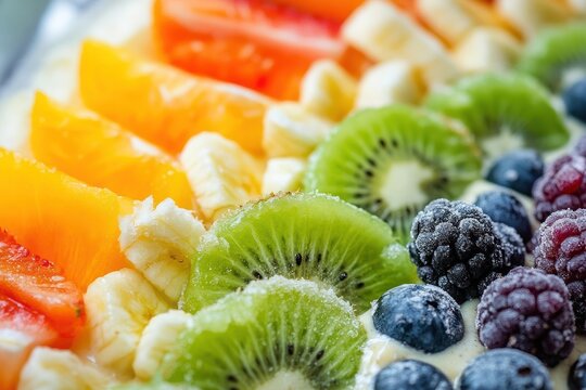 Close-up of a colorful fruit salad with kiwi, banana, orange, strawberry, and blueberries.