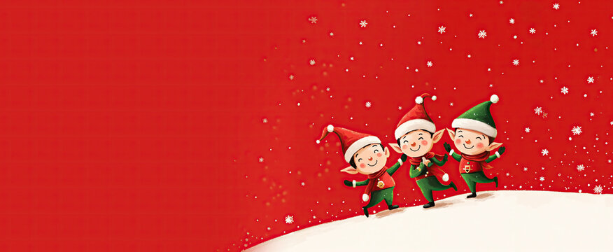 lutins du p&egrave;re No&euml;l souriants, en train de danser sur de la neige, sur un fond rouge au format banni&egrave;re web avec espace vide pour texte
