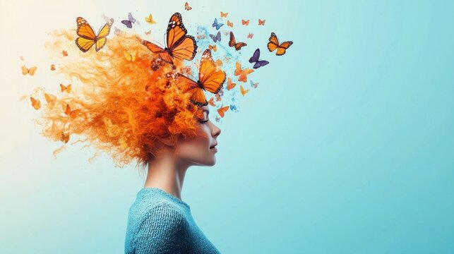 Butterfly of Transformation: A person standing with butterflies emerging from their head, each butterfly representing a different positive trait or mindset shift that leads to personal growth