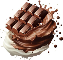 Realistic milk chocolate bar with splash and sprinkles. Vector composition Melting liquid fluid crown drops. Isolated on background. Vector illustration. Gradient Mesh
