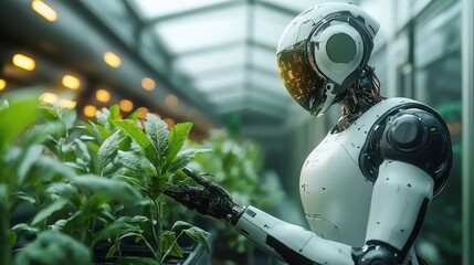 Futuristic robot with plants, high-tech greenhouse, modern agriculture scene