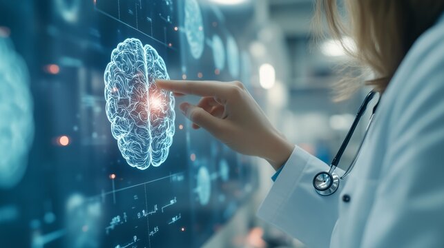 A closeup of young doctor with a stethoscope touching the brain image modal on touchscreen at blurred background. The mental health concept.