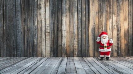 Weathered wood wall with a Santa figurine on the right and space for text on the left.