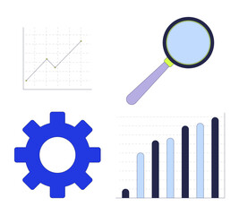 Business data analytics 2D cartoon objects set. Magnifying glass, cog gear. Management analysis graph chart isolated elements flat vector cliparts on white background. Spot illustrations collection