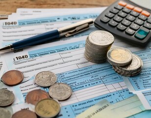 Taxation and financial obligations featuring elements like tax forms, calculators, and money representing responsibility, payments, and finance.
