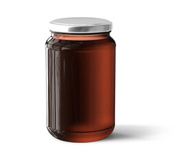 Glass bottle Jar with jam or mustard or  ingredient  on white background, studio Photo