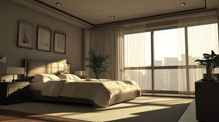 Fototapeta premium Minimalist Elegance. Contemporary bedroom with sleek furniture and modern decor