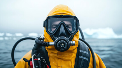Naklejka premium A diver in a yellow suit and mask, standing near icy waters, captures the essence of underwater exploration and adventure in extreme environments.