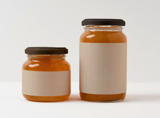 Glass bottle Jar with jam or mustard or  ingredient  on white background, studio Photo