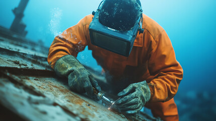 A diver in an orange jumpsuit performing underwater welding on a sunken ship. The scene highlights the intricacies of marine repair work in a deep-sea environment.