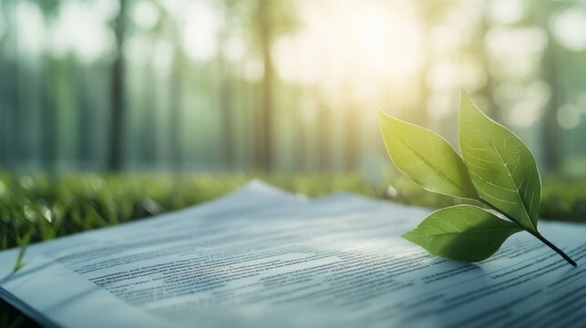 A fresh green leaf rests on an open page, surrounded by a serene forest atmosphere, capturing the essence of nature and knowledge.