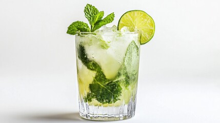 Refreshing summer drink with lime, mint, and ice in a glass.