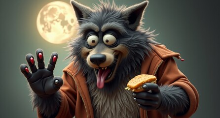 A goofy werewolf with shaggy fur and torn clothes, holding a half-eaten sandwich in one claw. His oversized snout and wide eyes give him a silly, almost harmless look