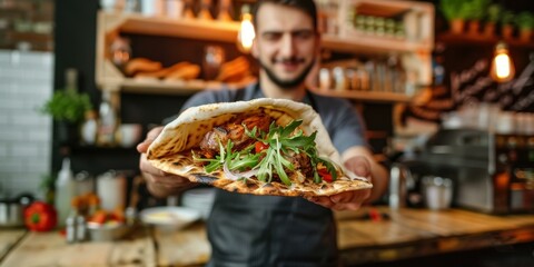 Obraz premium A chef holds out a delicious-looking pita bread filled with meat and vegetables. AI.