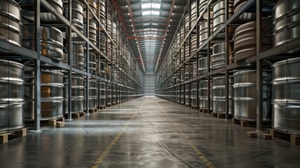 Fototapeta premium Rows of Metal Barrels in a Warehouse