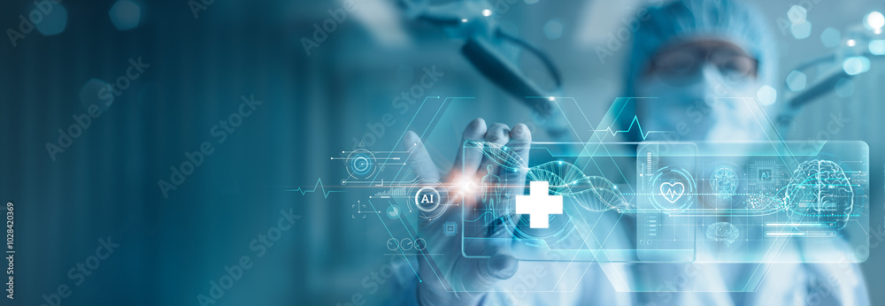 Aufkleber medical technology, doctor use ai robots for diagnosis checking brain testing result of increasing a